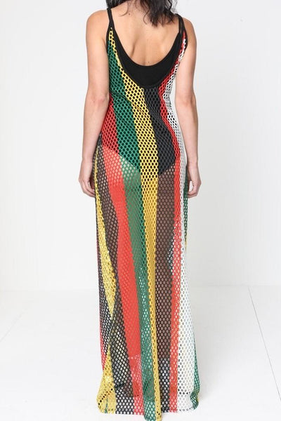 Red Yellow and Green Fishnet Maxi Dress - Eccentrik Collections, LLC
