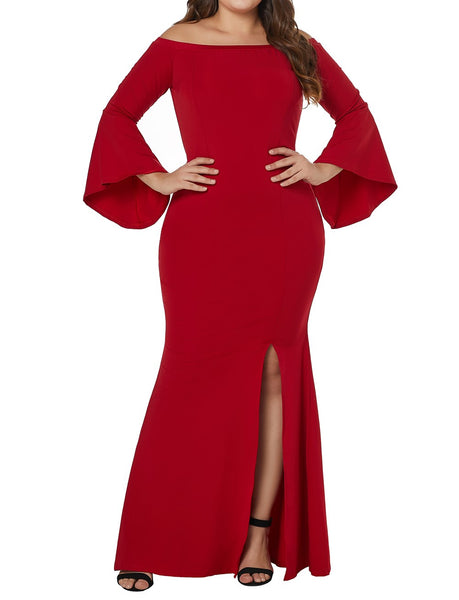 Red Off Shoulder Slit Plus Size Dress - Eccentrik Collections, LLC