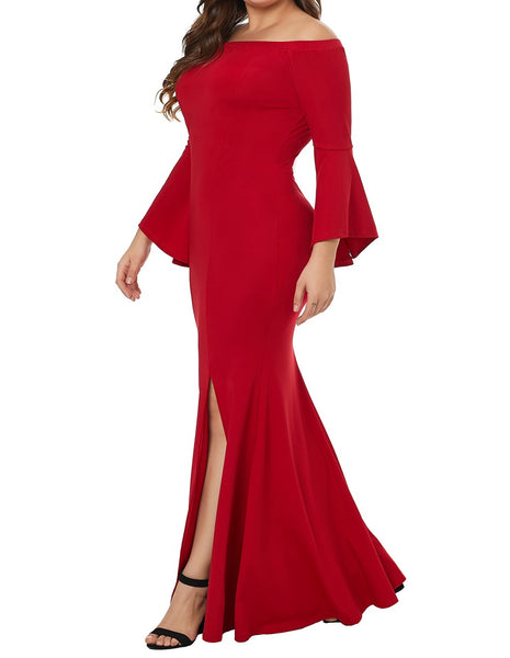 Red Off Shoulder Slit Plus Size Dress - Eccentrik Collections, LLC