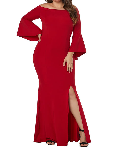 Red Off Shoulder Slit Plus Size Dress - Eccentrik Collections, LLC