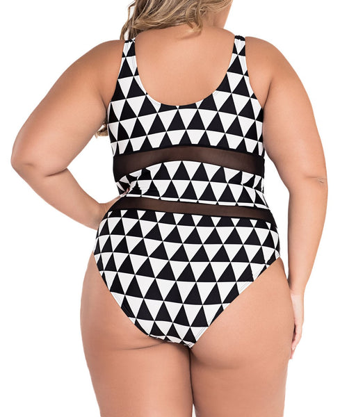 Plus Size Mesh Insert Trigon Print Swimsuit - Eccentrik Collections, LLC