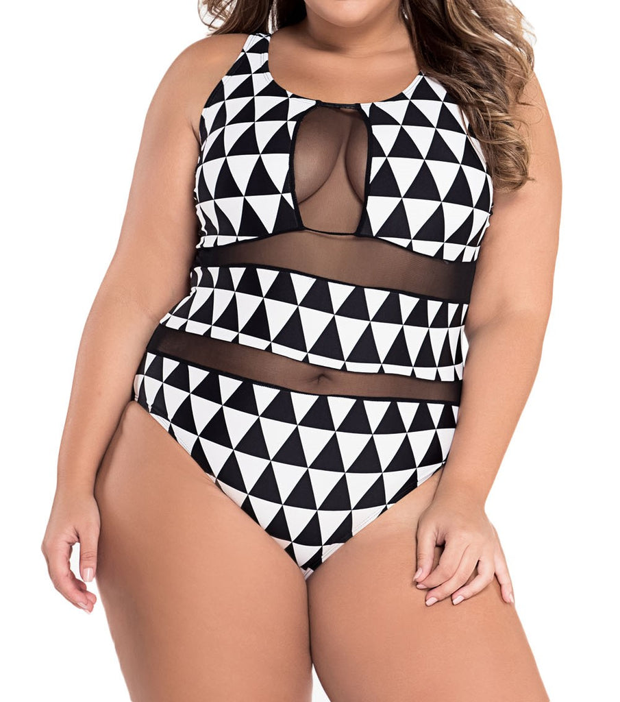Plus Size Mesh Insert Trigon Print Swimsuit - Eccentrik Collections, LLC