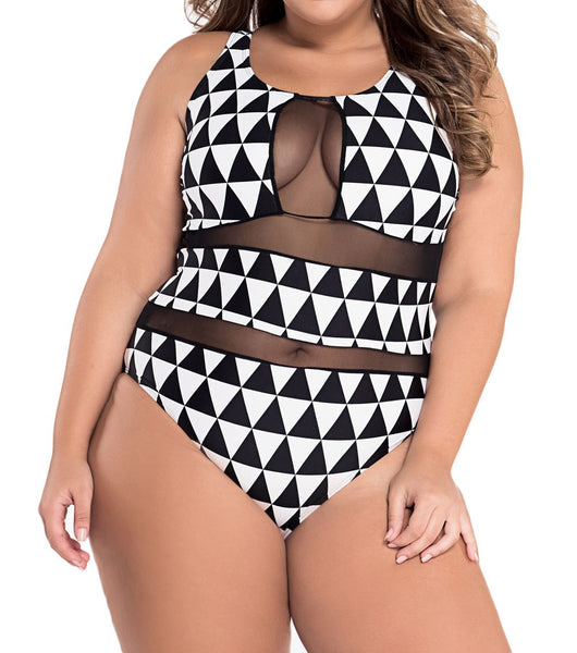 Plus Size Mesh Insert Trigon Print Swimsuit - Eccentrik Collections, LLC