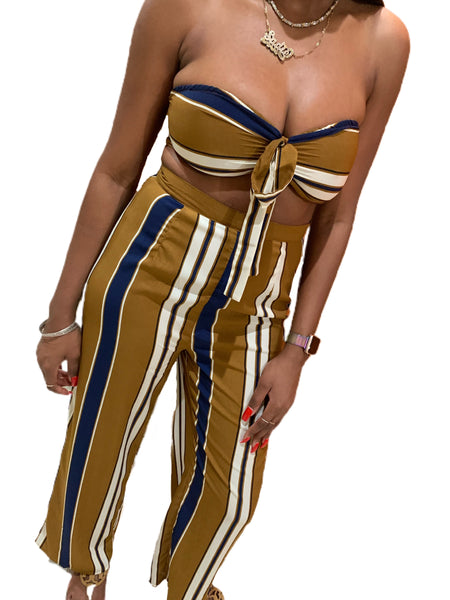 Coffee Tie Front Crop Top & Wide Leg Matching Set - Eccentrik Collections, LLC