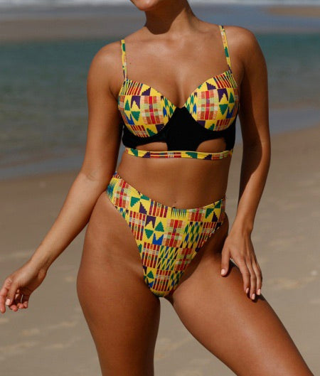 Yellow African Print Cut out High Waist Swimsuit - Eccentrik Collections, LLC