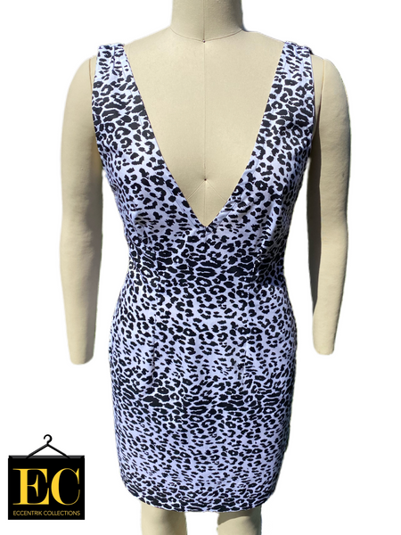 Black & White Leopard Print Plunging Neckline Dress - Eccentrik Collections, LLC