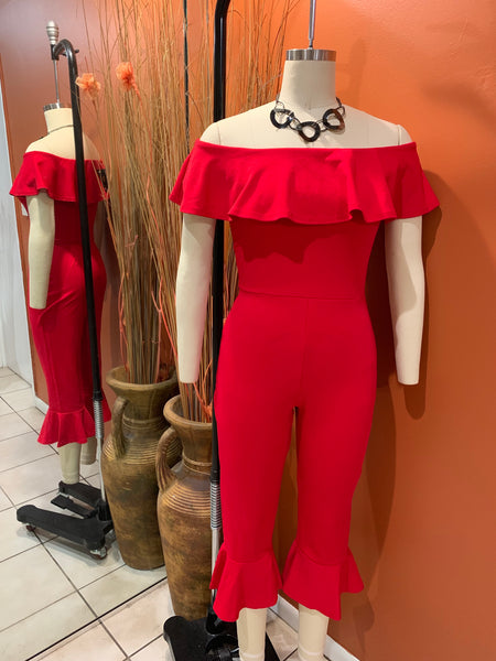 Red Frill Off Shoulder Jumpsuit - Eccentrik Collections, LLC