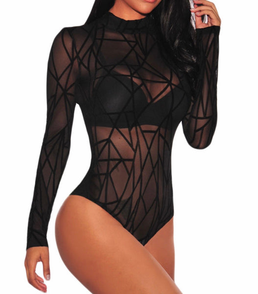 Black Sheer Geometric Bodysuit - Eccentrik Collections, LLC