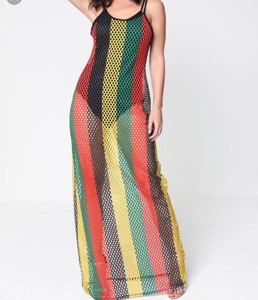 Red Yellow and Green Fishnet Maxi Dress - Eccentrik Collections, LLC