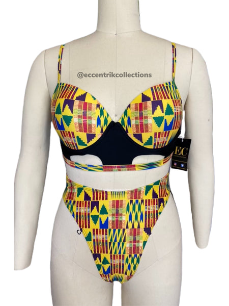 Yellow African Print Cut out High Waist Swimsuit - Eccentrik Collections, LLC