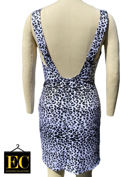 Black & White Leopard Print Plunging Neckline Dress - Eccentrik Collections, LLC