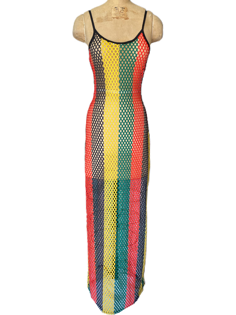 Red Yellow and Green Fishnet Maxi Dress - Eccentrik Collections, LLC