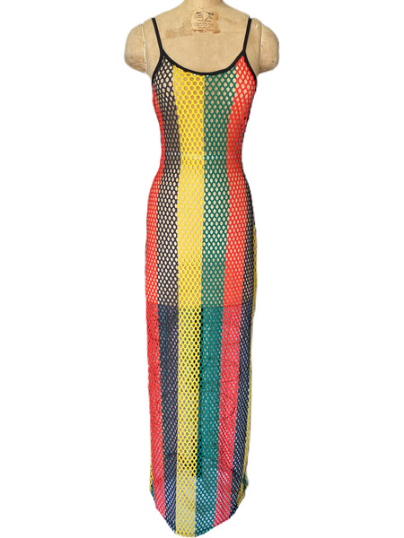 Red Yellow and Green Fishnet Maxi Dress - Eccentrik Collections, LLC