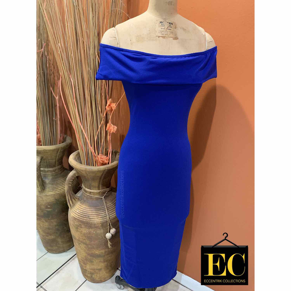 Royal Blue Bardot Bodycon Midi Dress - Eccentrik Collections, LLC