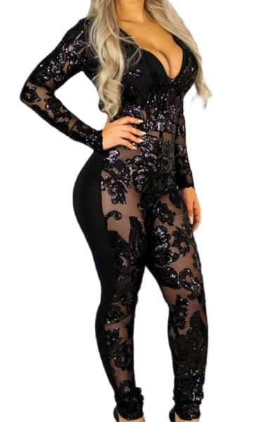 Sexy sequins Catsuit (Jumpsuit) with Plunging Neckline - Eccentrik Collections, LLC