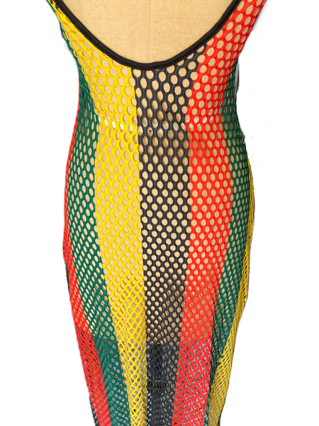 Red Yellow and Green Fishnet Maxi Dress - Eccentrik Collections, LLC