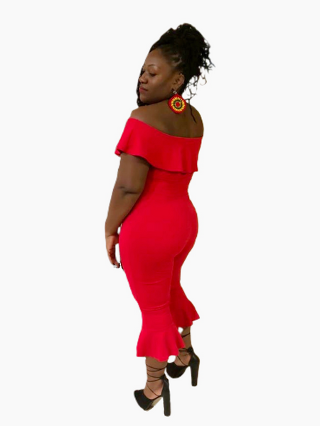 Red Frill Off Shoulder Jumpsuit - Eccentrik Collections, LLC