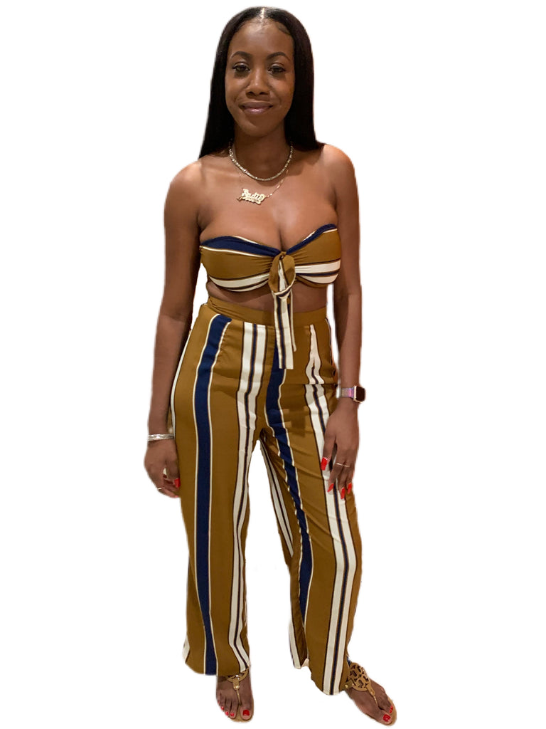 Coffee Tie Front Crop Top & Wide Leg Matching Set - Eccentrik Collections, LLC