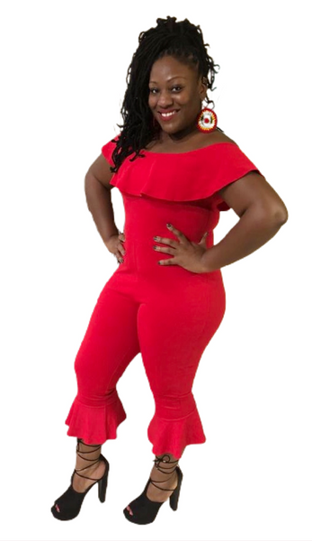 Red Frill Off Shoulder Jumpsuit - Eccentrik Collections, LLC
