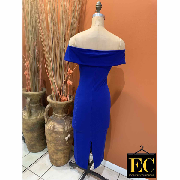 Royal Blue Bardot Bodycon Midi Dress - Eccentrik Collections, LLC