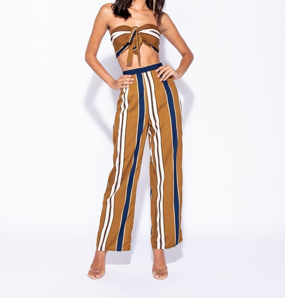 Coffee Tie Front Crop Top & Wide Leg Matching Set - Eccentrik Collections, LLC