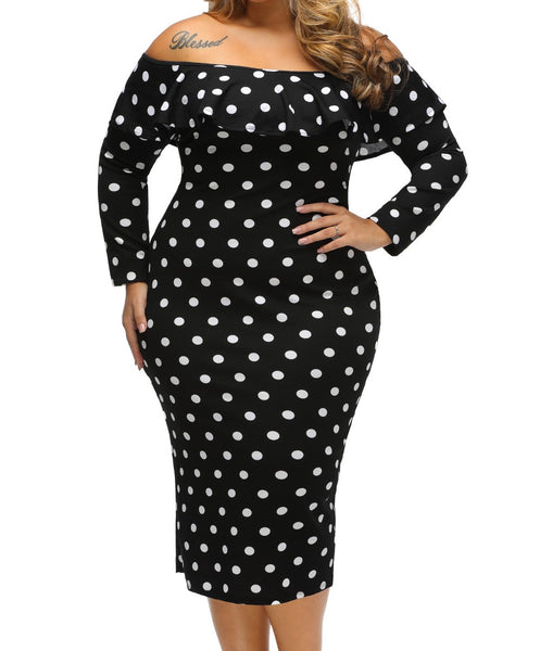 Plus Size Polka Dot Off Shoulder Dress - Eccentrik Collections, LLC 