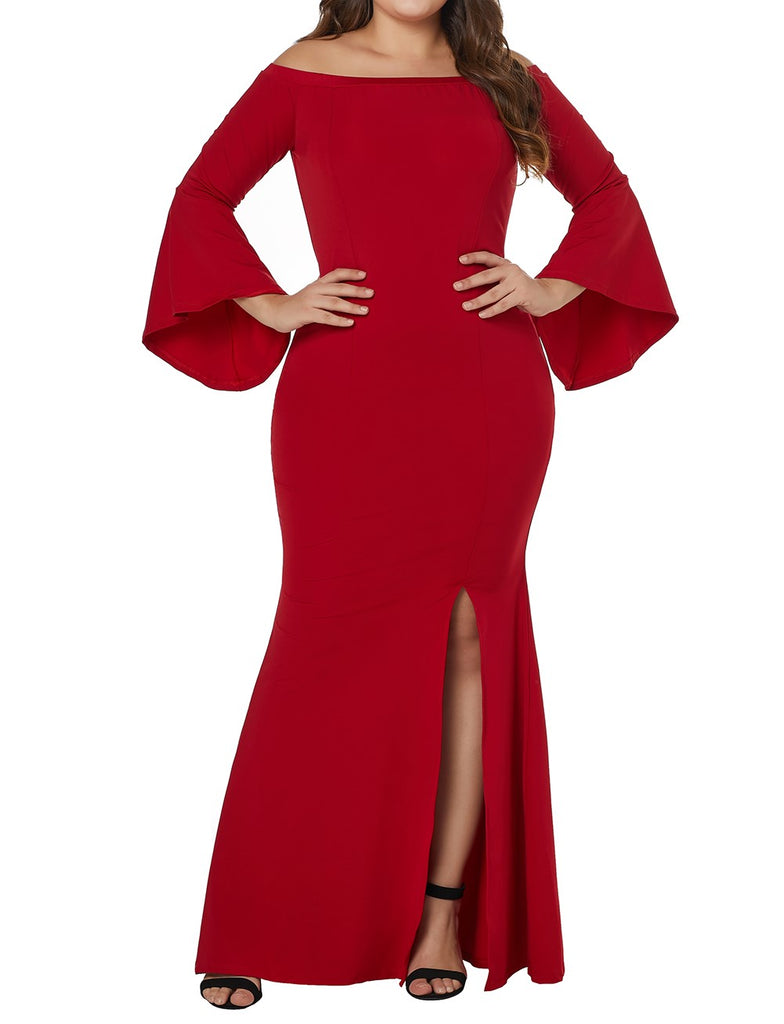 Red Off Shoulder Slit Plus Size Dress - Eccentrik Collections, LLC 
