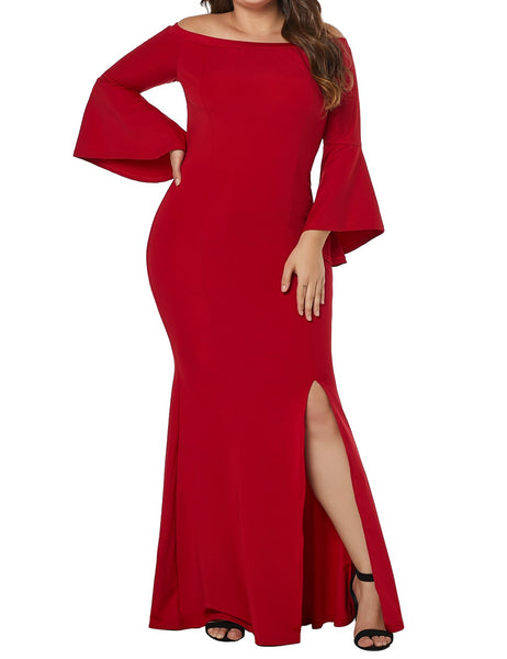 Red Off Shoulder Slit Plus Size Dress - Eccentrik Collections, LLC 