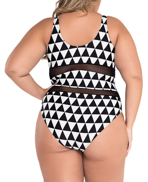 Plus Size Mesh Insert Trigon Print Swimsuit - Eccentrik Collections, LLC 