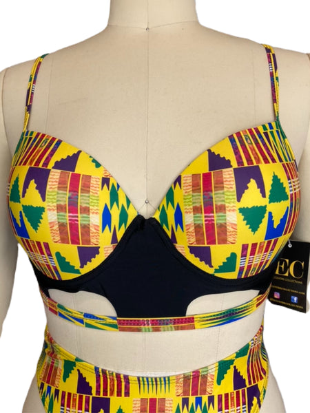 Yellow African Print Cut out High Waist Swimsuit - Eccentrik Collections, LLC 