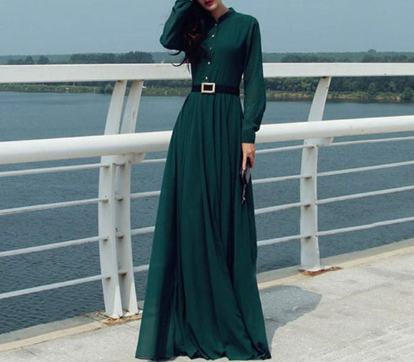 Green Long Sleeve Maxi Dress - Eccentrik Collections, LLC 
