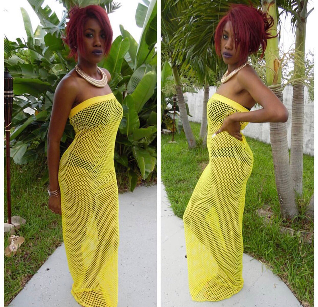 She’s a Catch Yellow Mesh Maxi Dress - Eccentrik Collections, LLC 