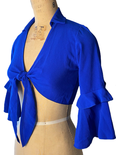 Royal Blue Tie Front Frill Sleeve Crop Top - Eccentrik Collections, LLC 