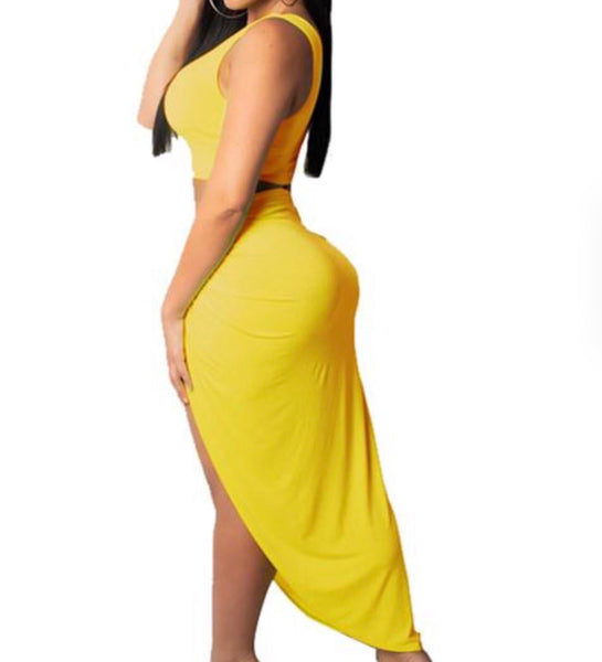 Yellow One Shoulder Top with Slit Skirt Set - Eccentrik Collections, LLC 