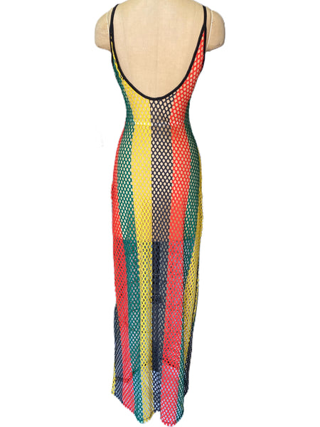 Red Yellow and Green Fishnet Maxi Dress - Eccentrik Collections, LLC 