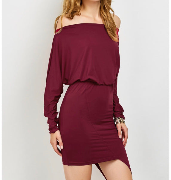 Burgundy Off Shoulder Mini Dress - Eccentrik Collections, LLC 
