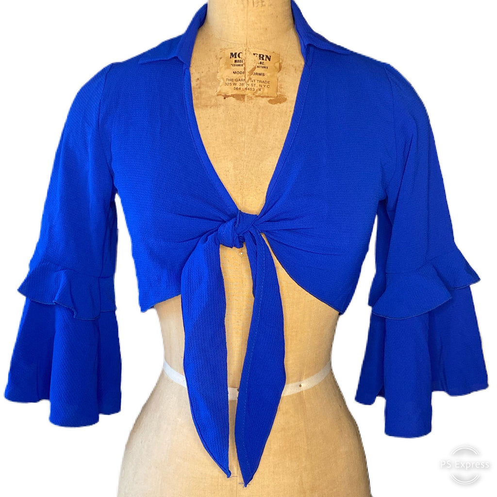 Royal Blue Tie Front Frill Sleeve Crop Top - Eccentrik Collections, LLC 
