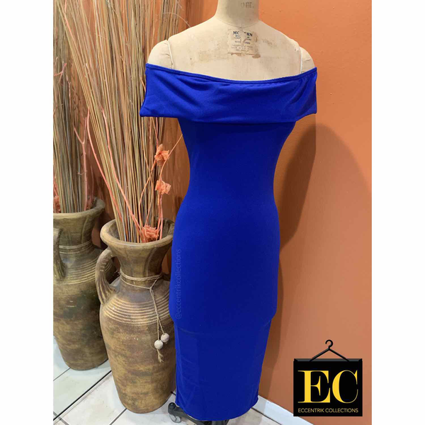 Royal Blue Bardot Bodycon Midi Dress - Eccentrik Collections, LLC 