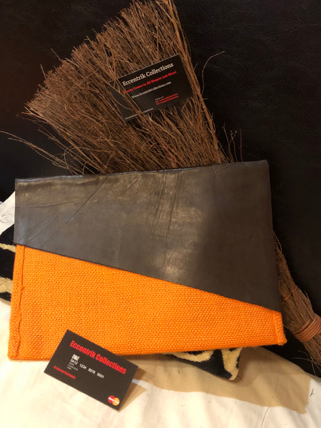 Orange burlap Clutch with Genuine Leather - Eccentrik Collections, LLC 